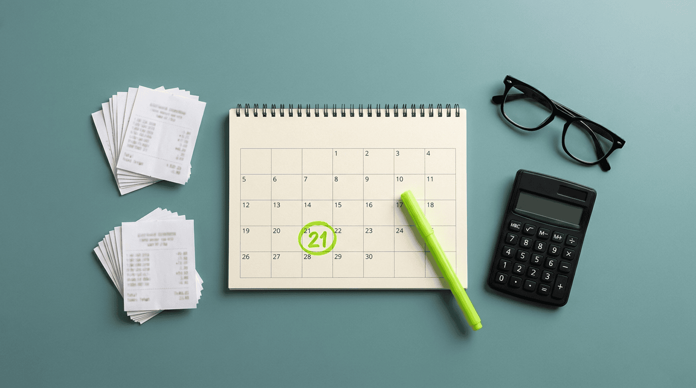 Top-down view of a desk calendar with a lodgement date circled in green, receipts and a calculator