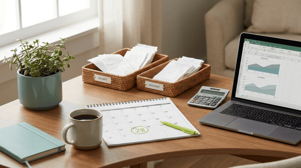 A small business desk with a calendar showing a circled lodgement deadline, receipts and a calculator