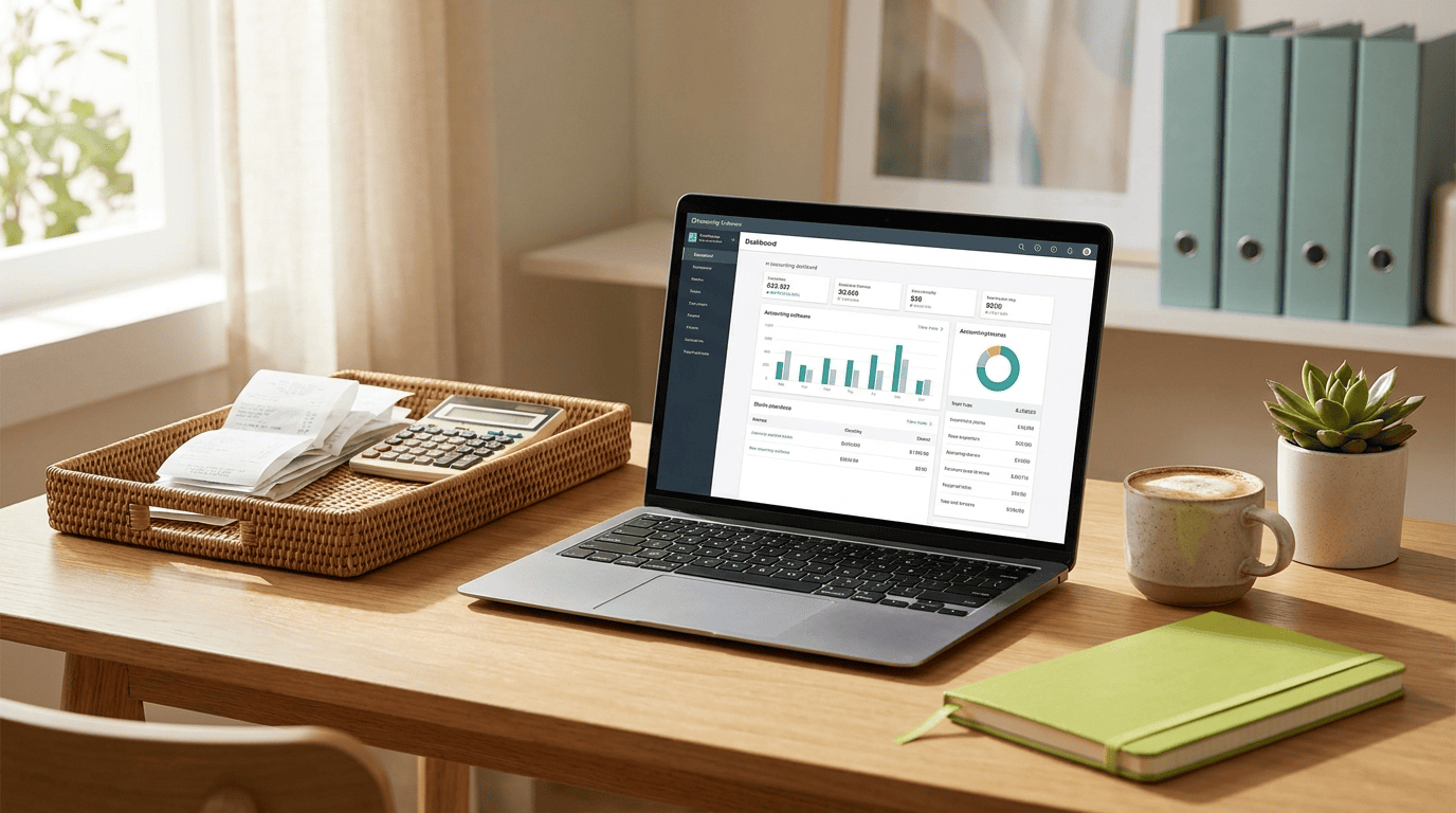 A tidy small business desk with a laptop showing a bookkeeping dashboard, receipts and calculator
