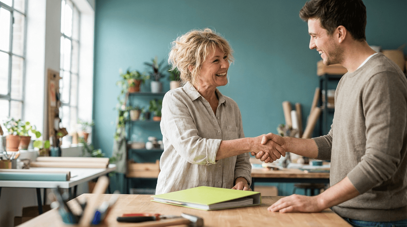 A small business owner warmly welcoming their new employee with a handshake